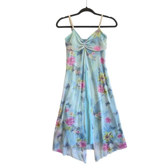Vintage Dresses & Skirts - Whimsical Fairy Y2K Sheer Mesh Floral Butterfly Slip Dress Blue Pink 2000s 90s